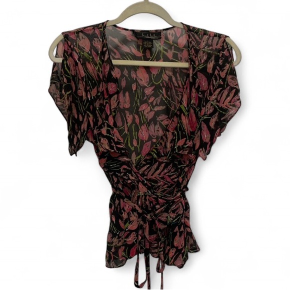 Vintage Tops - Vintage Nicole Miller Black Floral Short Sleeve Wrap Blouse